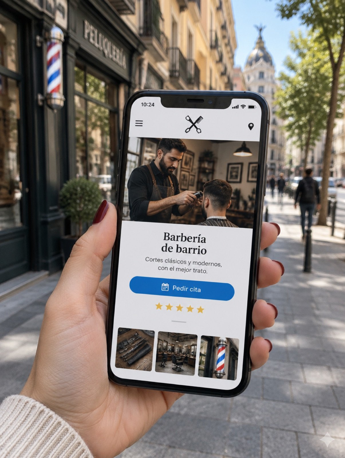 Móvil mostrando la web de una barbería con el botón Pedir cita