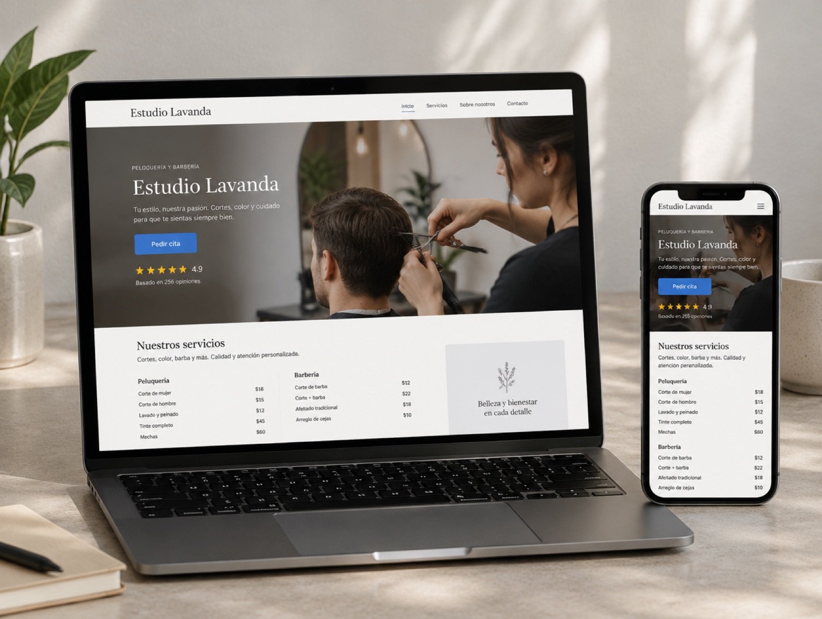 Ejemplo de web para una peluquería en portátil y móvil