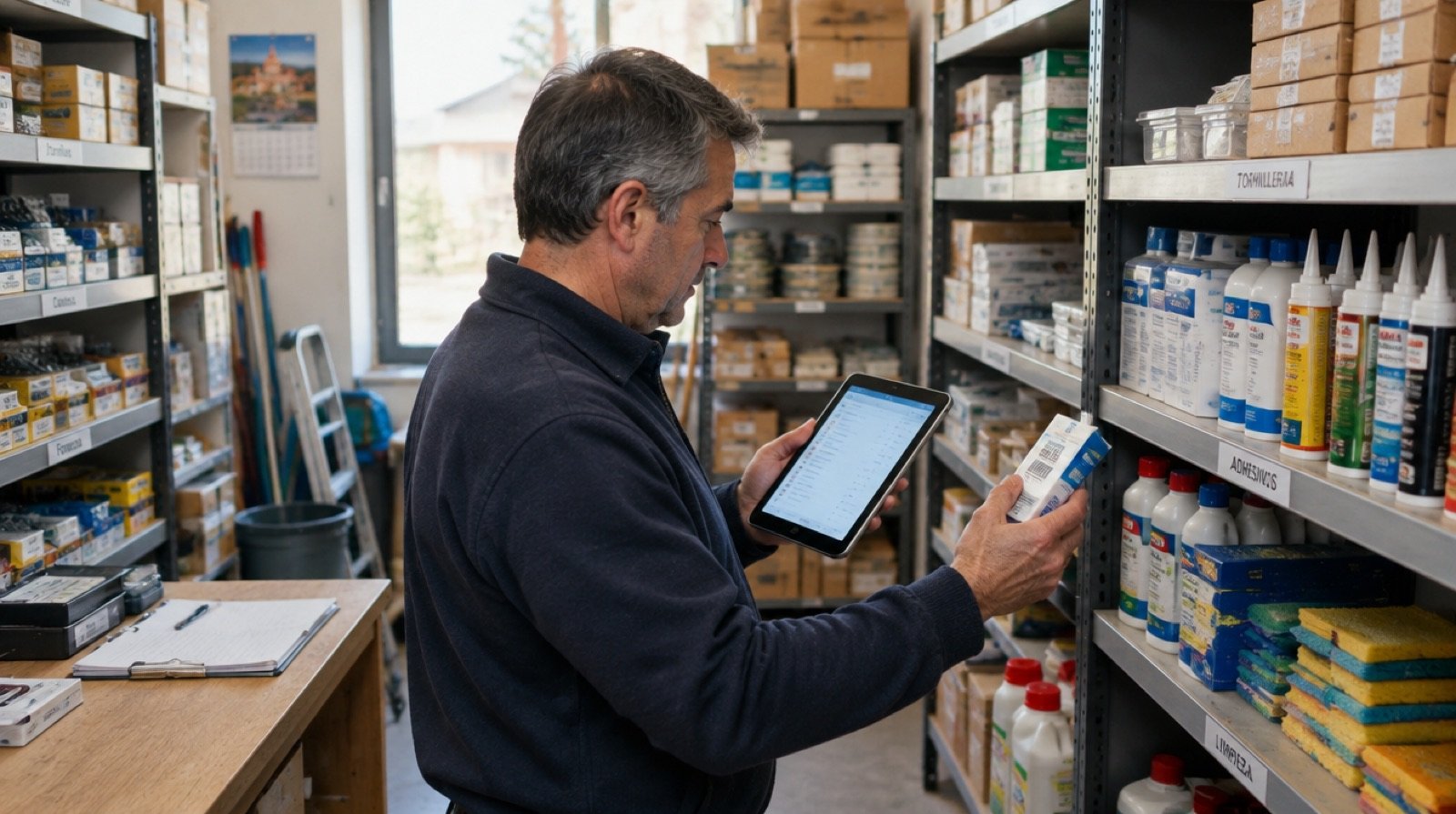 Dueño de una tienda revisando el inventario en una tablet